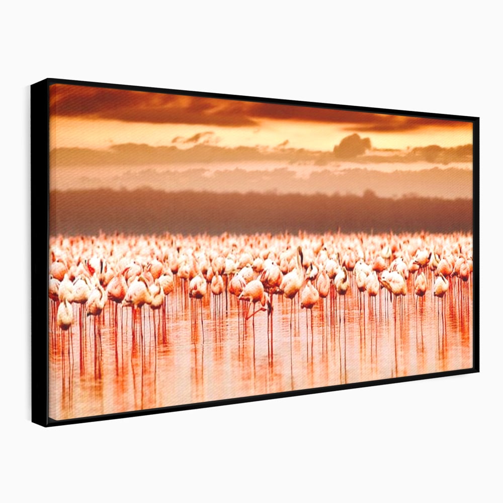 Tablou canvas cu tablou canvas cu stol de flamingo la apus, in rama de aluminiu negru